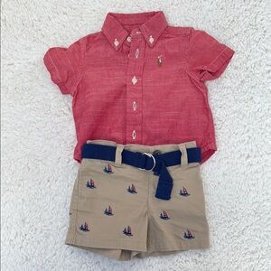Ralph Lauren Button-Up Shirt and Tan Sailboat Shorts Set